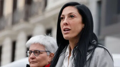 Footballer Jenni Hermoso speaks outside the National Court in Madrid, Spain, during the Rubiales case in January 2024.