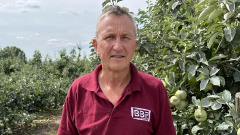 A farmer in a maroon polo shirt standing in a field with apples behind him that have been sprayed with a white clay substance 