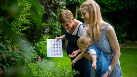 Butterfly Conservation Two women and a baby in a garden looking for butteflies. One blonde short-haired woman wearing a denim overall and white shirt holds a sheet of paper with different butterfly species. Another blonde, long-haired woman in a blue and white stripped outfit holds a young child while they look at greenery.