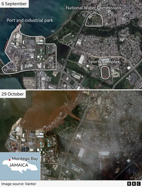 Two stacked images show a birdseye view of Montego Bay, on Jamaica's northwest coast, before and after Hurricane Melissa hit. The first image highlights a port and industrial park, the National Water Commission property and a sports complex. The second shows extensive flooding and damage to the properties.