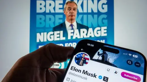 Getty Images Showing Elon Musk's X Account on Smartphone Against the Background of Nigel Farage Campaign Poster 