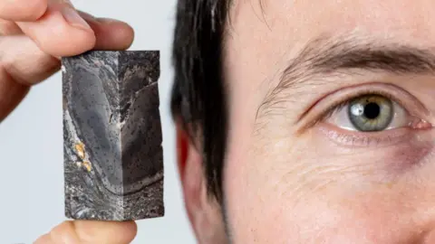 A close up image of Dr Sandy Hetherington of National Museusms Scotland and the University of Edinburgh, holding a small sample of the 410-million-year-old fossil 