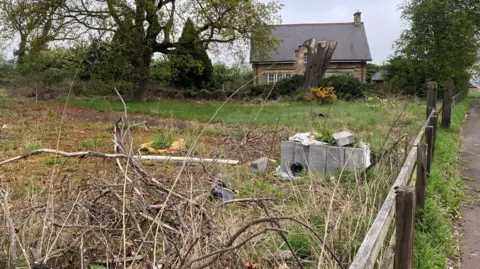 A recent picture of Northgate House which shows an overgrown garden and the house hidden behind bushes.
