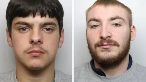 Police mugshots showing Dylan Hurd Maskery and Callum Talbot. The pair are wearing grey jumpers and are standing against a white background.