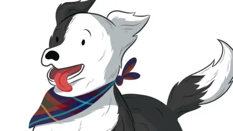 Inverness Castle Experience The dog, called Cuillin, is a cartoon character that looks like a Border collie. The dog's coat is white with patches of dark grey, including a dark grey patch over one eye. Cuillin is wearing a tartan neckerchief and has his pink tongue lolling out of his mouth.