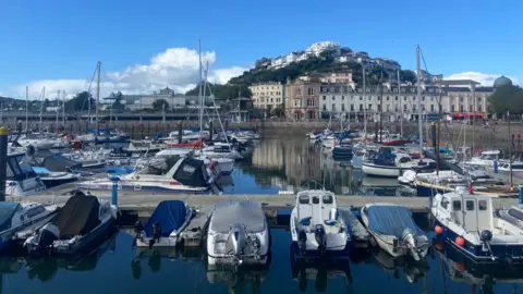 BBC Dozens of boats moored in Torquay Harbour on a sunny day. Several buildings along the seafront of the town are in the distance.