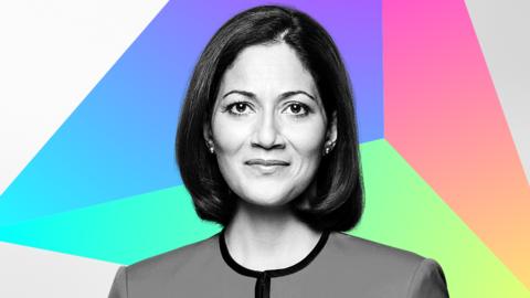 An image showing a black and white photo of Mishal Husain against a coloured background
