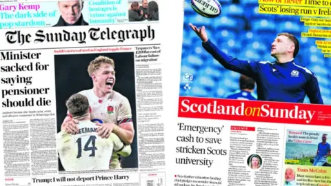 Composite image of The Sunday Telegraph (right), headlined: "Minister sacked for saying pensioner should die" and Scotland on Sunday(left), headlined: "'Emergency' cash to save stricken Scots university"