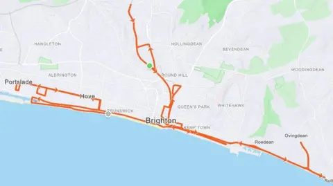 Brighton Marathon/Strava A google map image of the route, highlighted in orange.