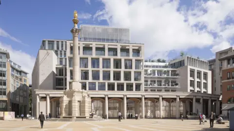 Computer-generated image of Paternoster Square showing King Edward Court with a new rooftop extension behind the Temple Bar Memorial, near St Paul’s Cathedral in the City of London.