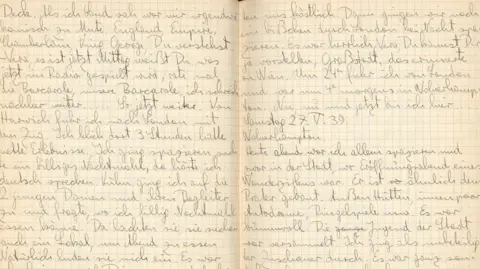 Handout Two handwritten pages on a notebook made of cream paper. The right-hand page has an entry dated 27 May 1939. Wolverhampton is written underneath. The pages are written in German.