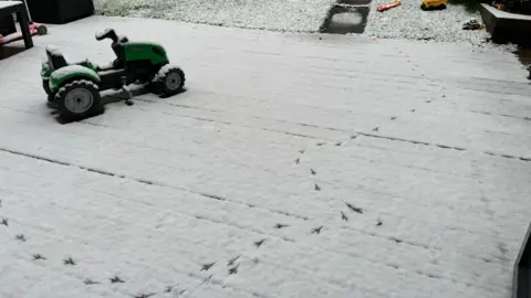 A back garden wooden terrace covered in snow. There is a children's truck toy parked in the snow, and a winding path showing a bird's footprints in the snow. 