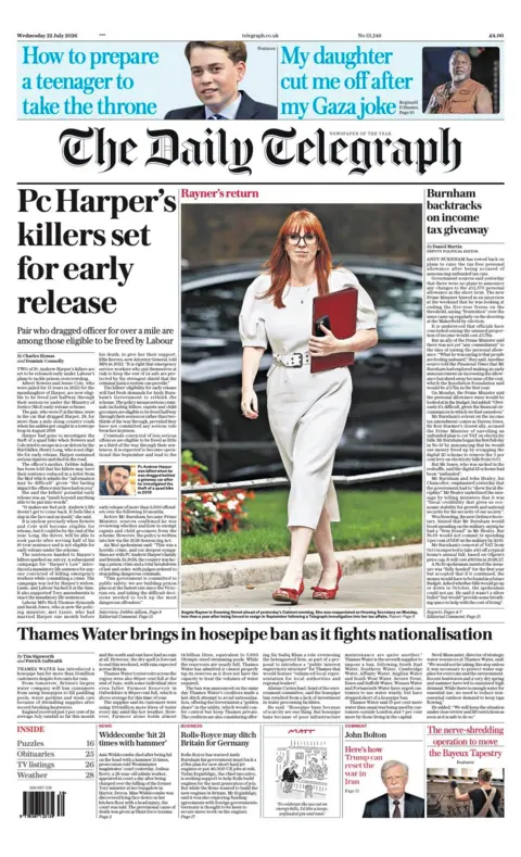 The headline on the front page of the Daily Telegraph reads: “Pc Harper's killers set for early release”.