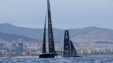 EPA The French ship Orient Express and the British ship INEOS Britannia during the Louis Vuitton Preliminary Regatta of the 37 America's Cup held in Barcelona, Spain, 25 August 2024.