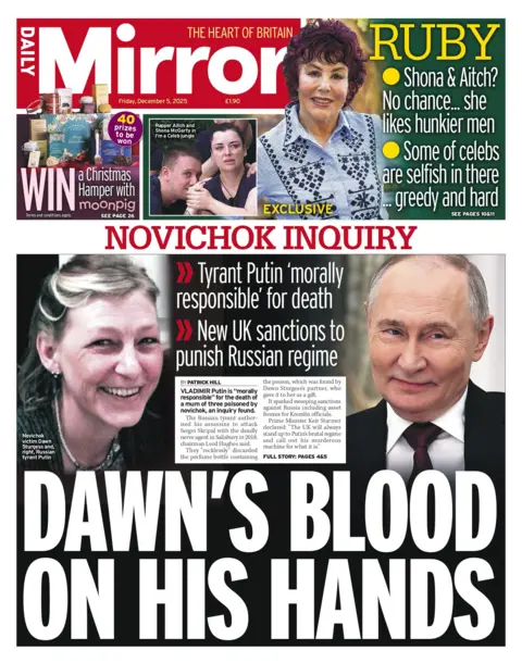 "Dawn's blood on his hands" reads the headline on the front page of the Daily Mirror.