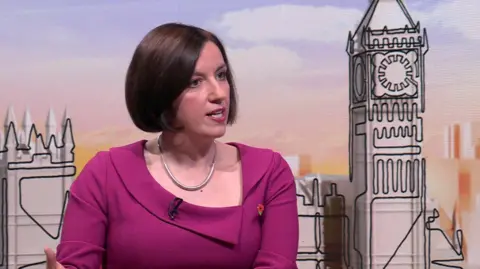 BBC Bridget Phillipson, a woman with dark hair in a bob, wearing a fuchsia pink outfit in front of a stylised graphic of the Houses of Parliament on the set of Sunday with Laura Kuenssberg 