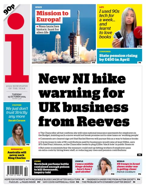 The beforehand   leafage   of the i, headlined with "New NI hike informing  for UK businesses from Reeves". 