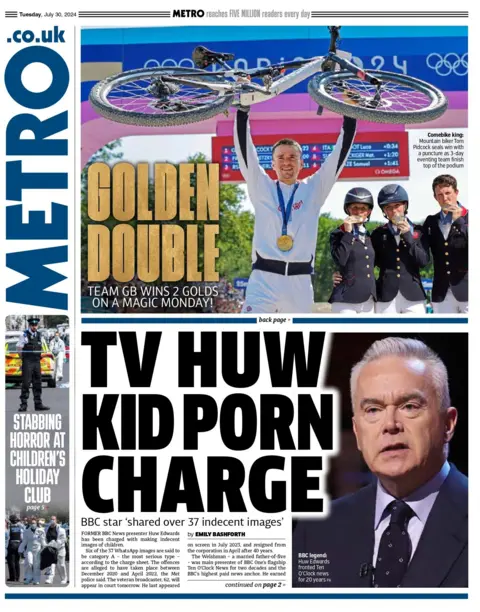 The front page headline of the Metro reads TV Huw kid porn charge 