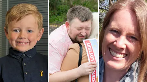 Three images side-by-side - on the left, a young boy with dark blonde hair is smiling at the camera. He is wearing a dark navy shirt with a yellow logo on the breast in the shape of a stag's head; in the middle, a man and a woman are hugging whilst standing in a street. The woman is wearing a brown coat and the man is wearing a pink shirt and holding a piece of paper which has been styled to look like a cheque; on the right, a woman with blonde hair, wearing a white top and a scarf, smiles at the camera. 
