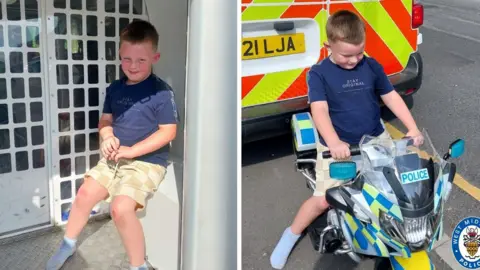 West Midlands Police Two photos of a young boy. In one, he is sitting in the back of a police van. In the other, he is sitting on a toy police motorbike