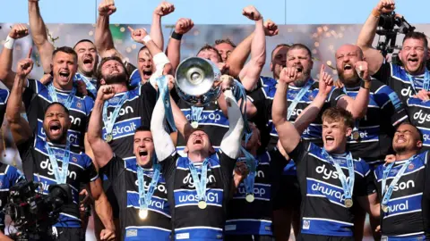 Bath players celebrate winning the Premiership grand final