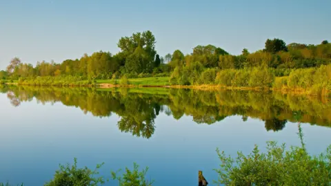 Trees and bushes are reflected in still water at Testwood Lakes on a sunny day.