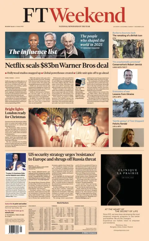 The headline on the front page of the Financial Times reads: “Netflix seals $85bn Warner bros deal”.