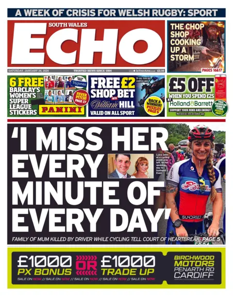 South Wales Echo South Wales Echo front page. Headline is: "I miss her every minute of every day"