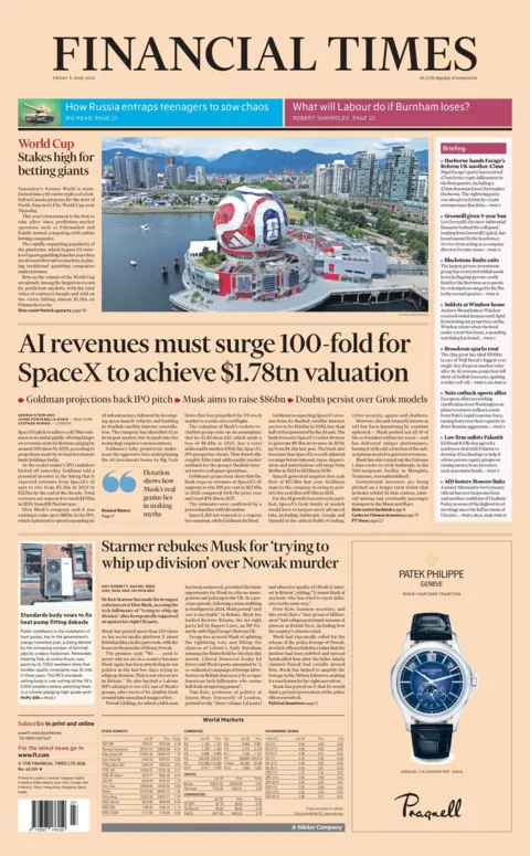 The headline on the front page of the Financial Times reads: "Al revenues must surge 100-fold for SpaceX to achieve $1.78tn valuation". 