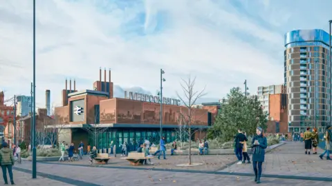 CGI impression of how a Liverpool Baltic station might look. A woman stands in the foreground, in front a plaza filled with people in front of a modern train station. It is red brick, with a large sign saying Liverpool Baltic on the roof. 