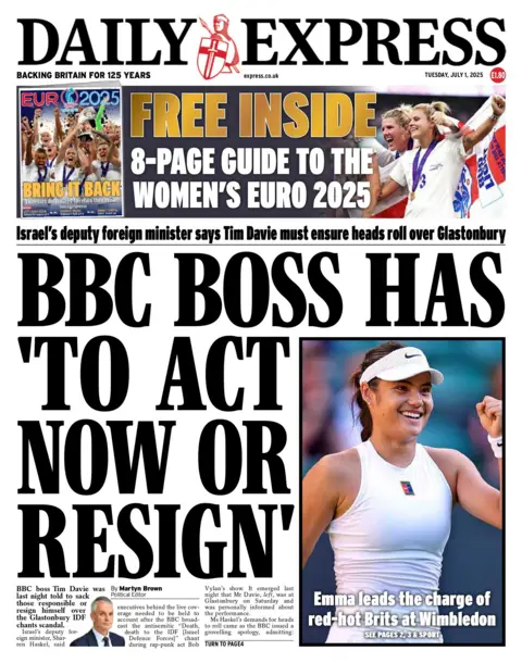"BBC boss has 'to act now or resign'" reads the headline on the front page of the Daily Express.