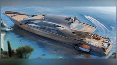 Coventry University The CGI image shows the Amiche moored close to a shoreline, with a panel open on the port side rear quarter, allowing jet skis to be stored.