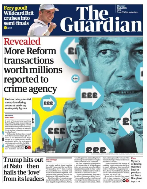 The headline for the front page of the Guardian reads: 'Revealed: More Reform transactions worth millions reported to crime agency.'