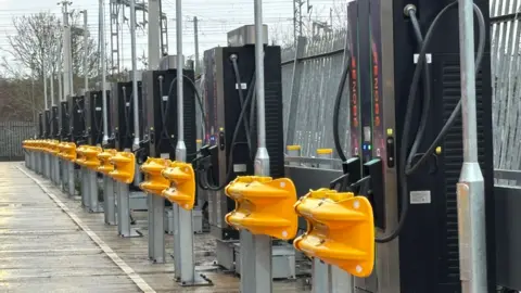 The chargers lined up along the depot, there appears to be one for every bus.