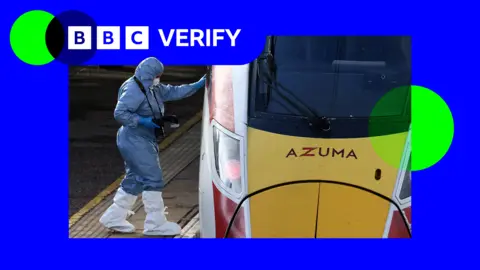 Getty Images A picture of the train and a forensic investigator wearing protective clothing and carrying a camera next to it