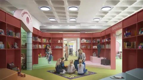 Artist's impression of the library's new children's zone. A woman with blonde hair is reading to four youngsters in the centre of the room. Behind them, a girl is sitting on her mother's lap as they read a book. The room has red walls and shelves, a green carpet and splashes of other colours.