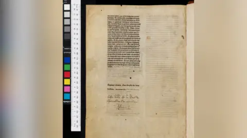 Bodleian Libraries A page of the manuscript. A white ruler is placed beside it.