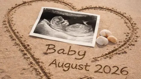 Hayley Pearce A heart shape has been drawn in sand and "baby August 2026" written alongside it. In the center of the heart is Hayley's baby scan photo. 