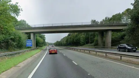 Street view of the westbound carriageway on the A50 after the junction with the A516 near Sudbury in Derbyshire.