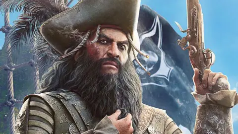 Art from Assassin's Creed Black Flag Resynced shows Blackbeard holding a pistol in front of a ship flag.