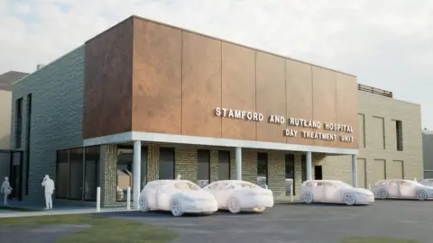 A mock-up plan of the treatment unit, with a three-storey building with a sign reading "Stamford and Rutland Hospital Day Treatment Unit". To the front of the building is a car park. 