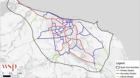 North Yorkshire Council A map showing primary routes, secondary routes and leisure routes for cycling in and around Whitby.