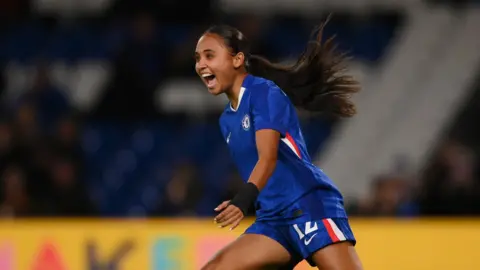Alyssa Thompson celebrates after scoring against Paris FC in the Women's Champions League