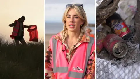 Three images in a collage. The left image shows a man in a pink high vis jacket holding a pink bin liner. The middle image shows a woman with blonde hair in two plaits and sunglasses on her head. She wears a fleece jacket and a pink high-vis. The third image on the left shows dirty cans covered in mud. 