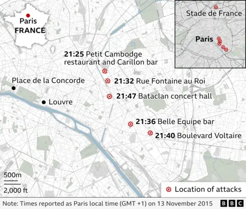 Map showing timeline of 13 November 2015 attacks