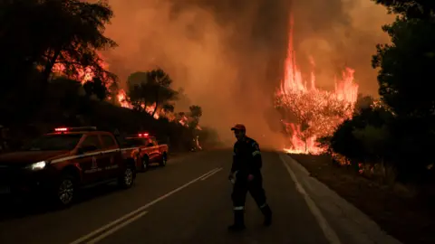 Reuters A wildfire burns on a road as thick orange smoke fills the sky. Flames engulf trees along the roadside, with fire rising from a tree on the right. Two red emergency vehicles with flashing lights are parked on the left side of the road, while an emergency worker walks across the road. The scene is dark and smoky, illuminated by the intense glow of the fire.