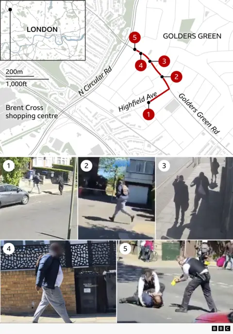 A graphic with a map and 5 points marked on it matched to a screengrab from a video corresponding. 1 shows the suspect approaching a man in a black coat and hat on Highfield Road. The rest are on Golders Green Road, heading north-east. 2 shows the attacker jogging, 3 shows the man just before he attacks a man by a bus stop, 4 shows the man walking while carrying a knife and 5 shows him on the ground, with a police officer on top of him and another holding a taser over him.