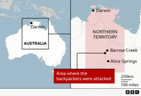 Map graphic showing location of Northern Territory, Barrow Creeek and Alice Springs - with an area highlighted with caption saying "area where the backpackers were attacked"