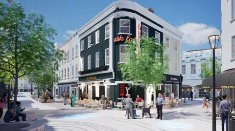 Government of Jersey A computer generated image of Broad Street wit some big green trees and the Blue Note pub visible in the background. There are people walking around on the new pedestrianised road.