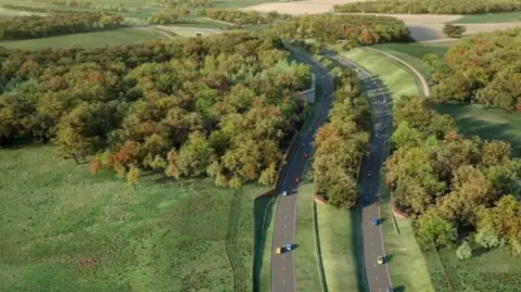 An artists impression of the Norwich Western Link through the Wensum Valley. It shows a dual carriageway running through the green grasslands with trees around the River Wensum north west of Norwich.